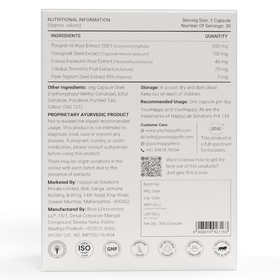 YourHappyLife MOJO Testosterone Supplement for Men with Premium Natural Stamina Amplifier and Fenugreek, L-Arginine & Tribulus for Performance Support, Muscle Recovery & Stamina (30 X 2 Capsules)