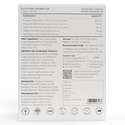YourHappyLife MOJO Testosterone Supplement for Men with Premium Natural Stamina Amplifier and Fenugreek, L-Arginine & Tribulus for Performance Support, Muscle Recovery & Stamina (30 X 2 Capsules)