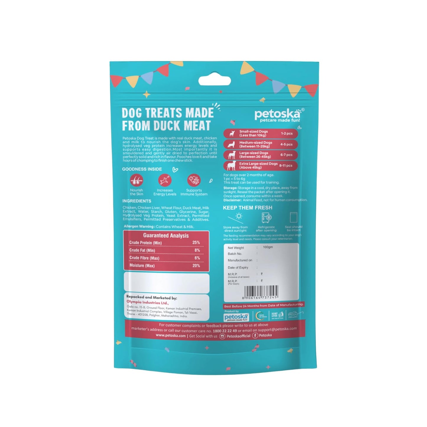 PETOSKA Duck Sticks- 100gms | Dog Treats Made with Duck Meat & Chicken Meat | Highly Nutritious | Easy to Digest | Healthy Skin & Coat | Suitable for All Dog Breeds | Pack of 1