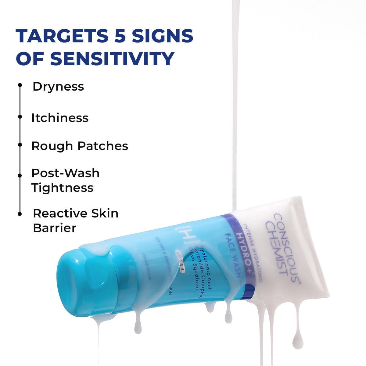 Tube of conscious chemist product with text listing 5 signs of sensitivity on a white background
