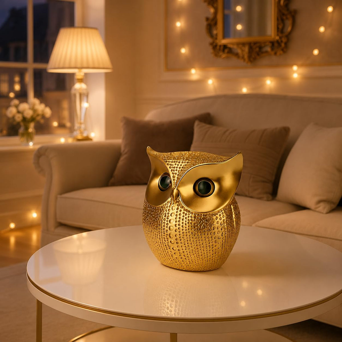 Modern Classy Lucky Owl Resin Art Figure Showpiece (Golden), 1 Piece