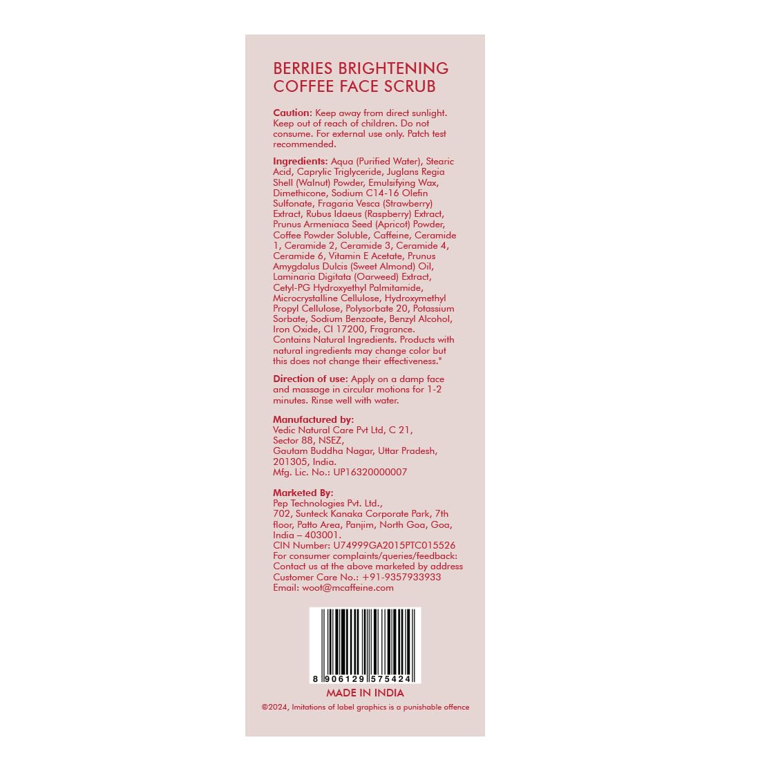 Back of a berries brightening coffee face scrub packaging with text and barcode on a white background