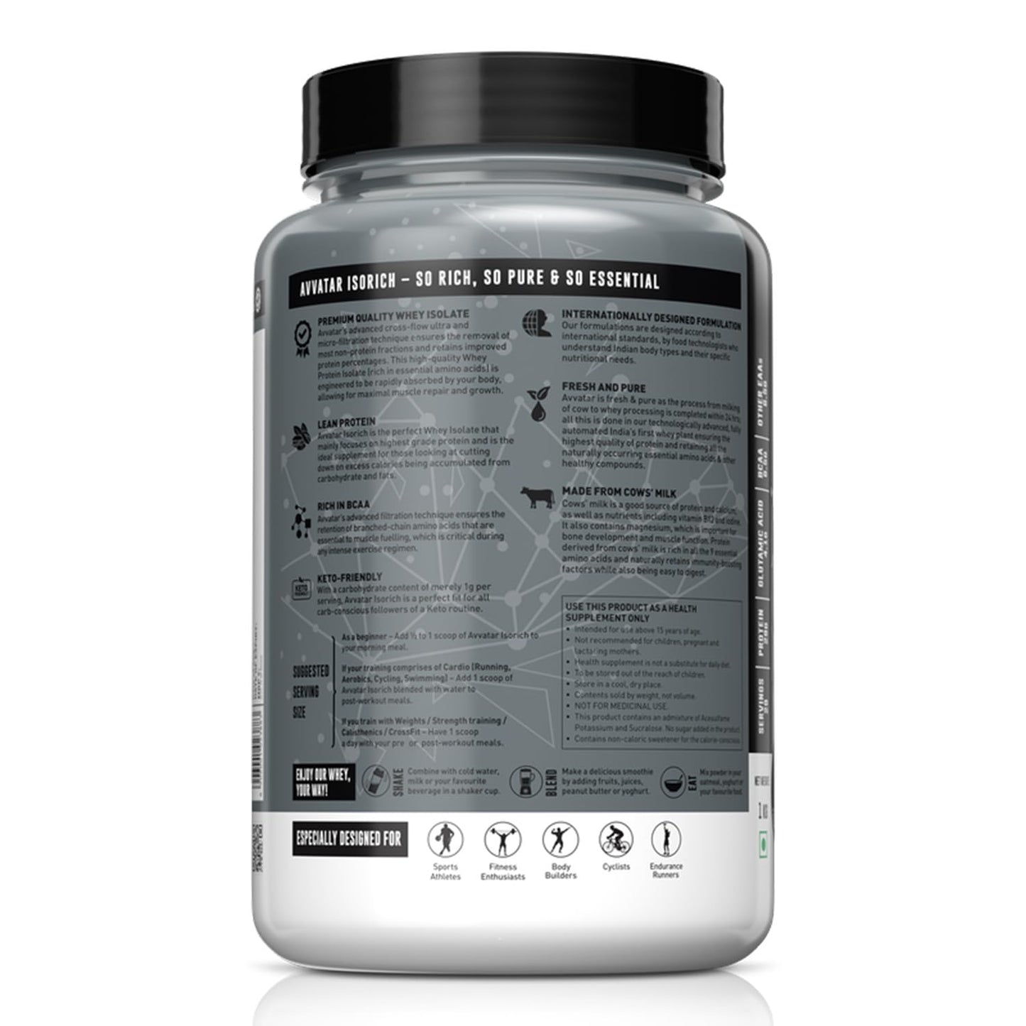 Supplement container with a black lid and detailed label on a white background