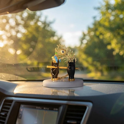 Gold Plated Lord Krishna Hands Idol with Face, Flute & Peacock Feather for Car Dashboard | Statue for House Warming Gifting | Decorative Items for Home & Office (Black - 4.5 inch)