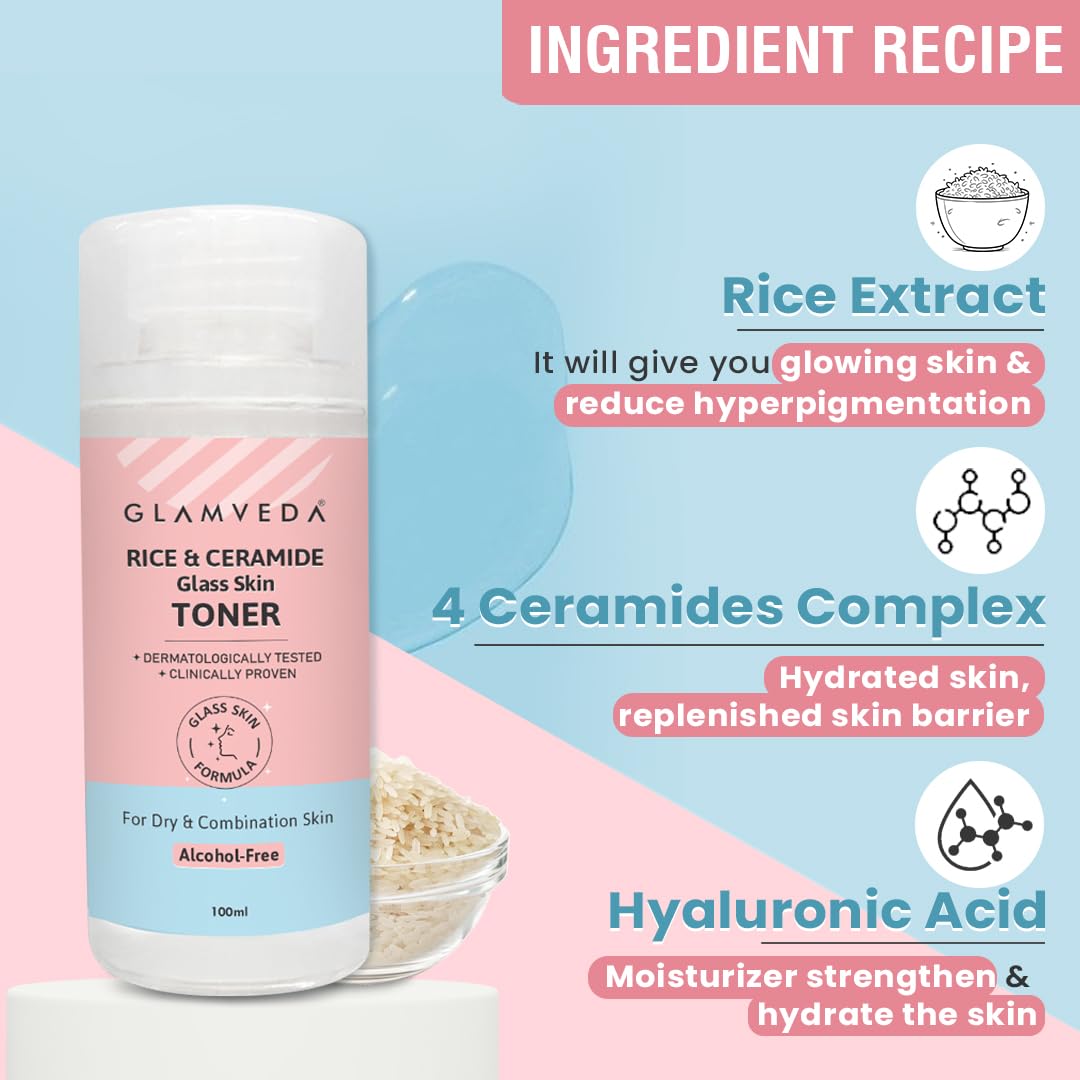 Glamveda Korean Rice & Ceramide Face Toner | Rice Water Toner For Dry & Combination Skin | Pore Tightening & Glowing Skin | Fades Blemishes, Brightens & Smoothens | Women & Men | 100ml