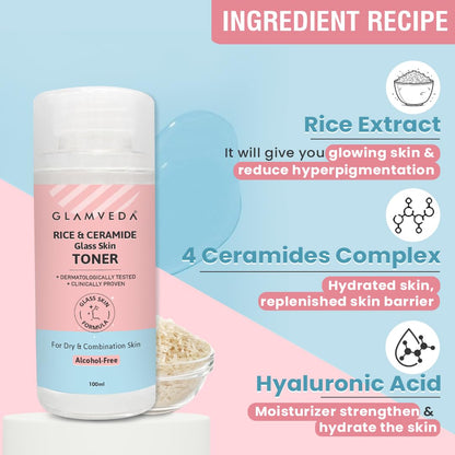 Glamveda Korean Rice & Ceramide Face Toner | Rice Water Toner For Dry & Combination Skin | Pore Tightening & Glowing Skin | Fades Blemishes, Brightens & Smoothens | Women & Men | 100ml