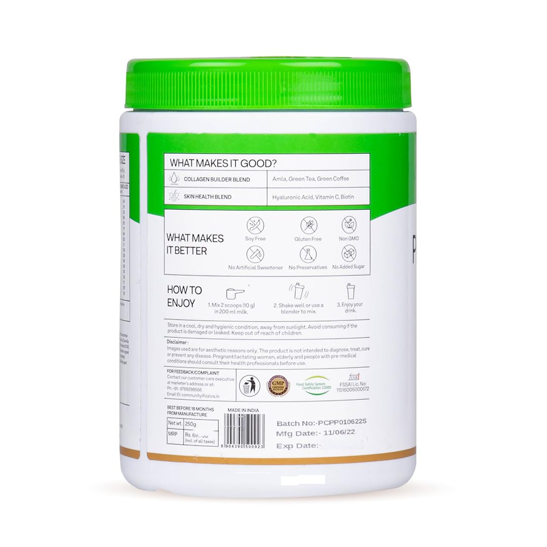OZiva Pro Collagen Peptides Caramel, 250g (Type I & Type II) | Whey Protein & Collagen Builder Peptides for Healthy Skin & Hair Muscular & Joint Health | Powder for Women & Men, Caramel, Pack of 1