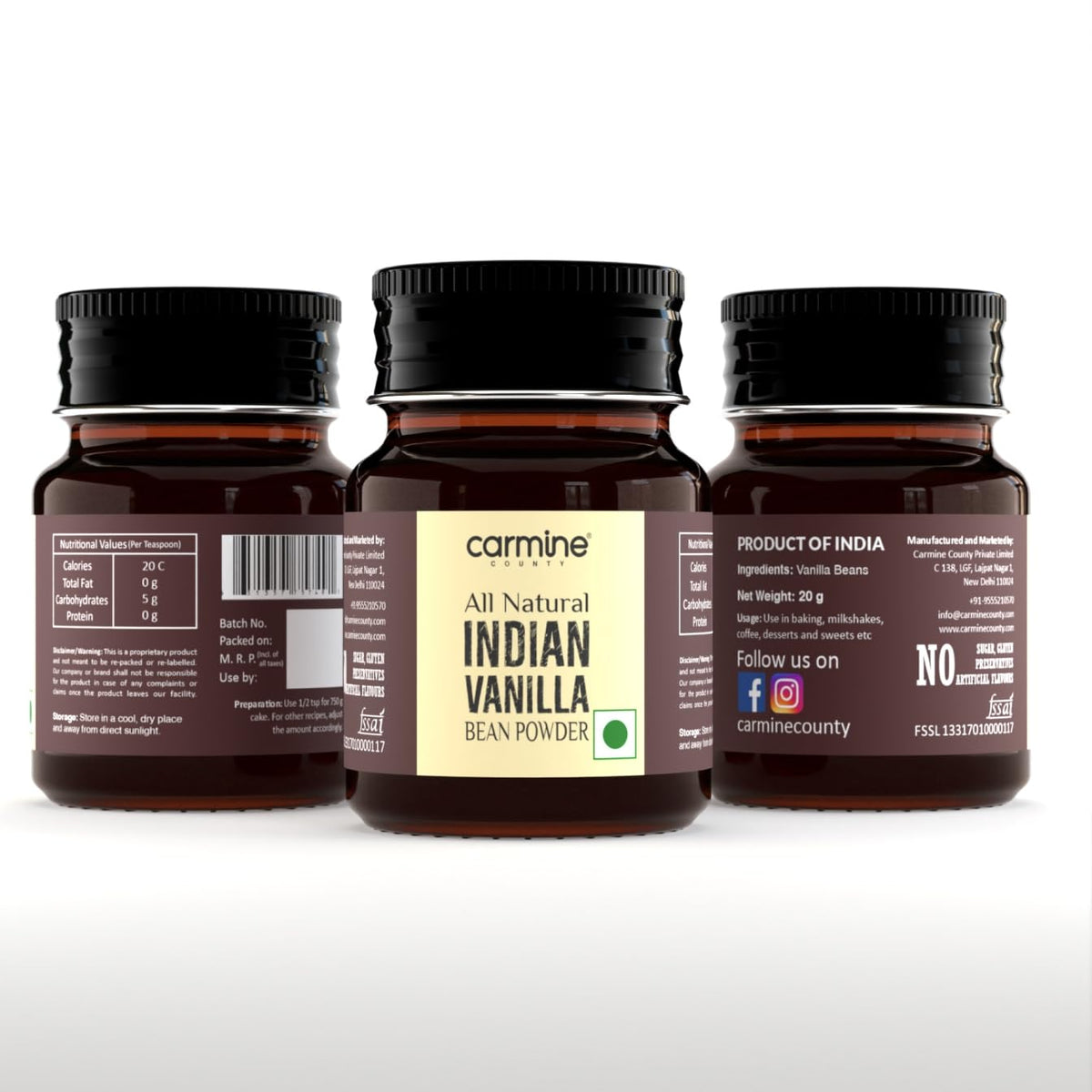 Carmine County 100% Pure & Natural Indian Vanilla Bean Powder, 20g | Aromatic Baking Enhancer | Rich in Flavor & Aroma | No Additives or Preservatives | Ideal for Cakes, Coffee, Sweets, Milkshakes, Cookies & Desserts