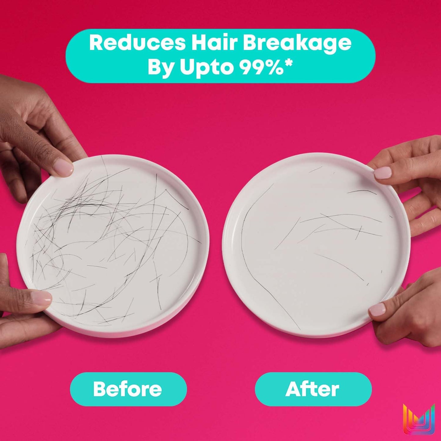 Before and after comparison of hair strands on plates with text indicating reduced hair breakage.