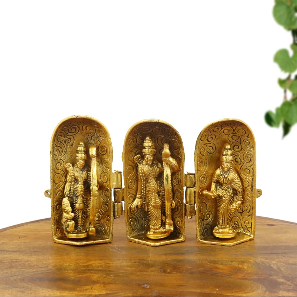 Gold Plated Foldable Ram Darbar Idol with Case Ram, Sita, Lakshman & Hanuman Statue for Home Dcor, Temple and Gifting