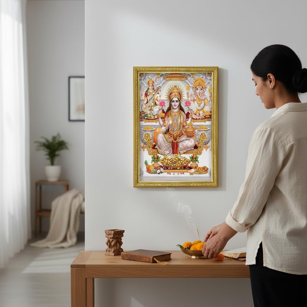 Lakshmi With Ganesha and Saraswati Photo Painting with Golden Frame for Temple - (14 x 12 Inches)