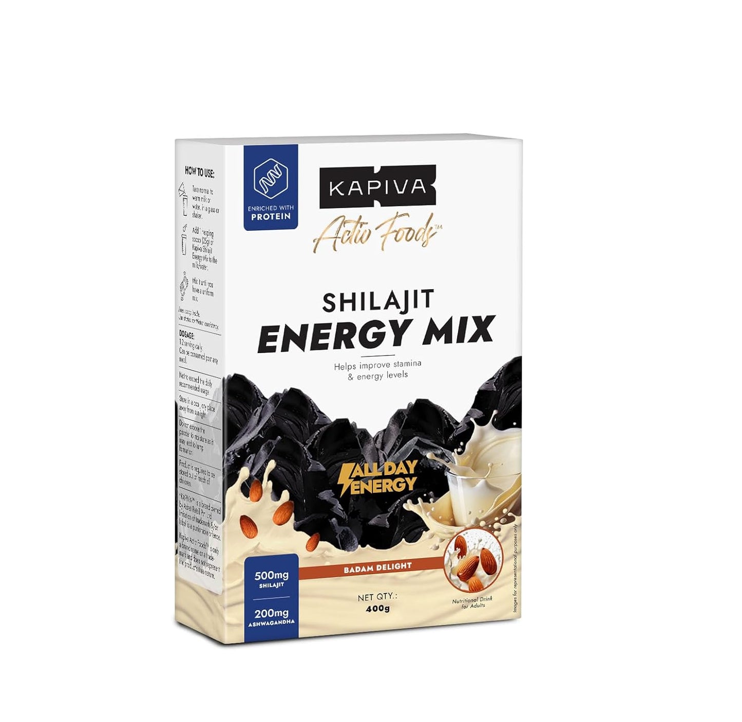 Kapiva Shilajit Energy Mix | Badam Flavour | Energy Drink for Men | Natural Nutritional Supplement |60% + Fulvic Acid, 80+ Minerals | Pure Himalayan Shilajit, Ashwagandha, 5g Protein | Improves Daily Energy, Stamina and Focus| 400g