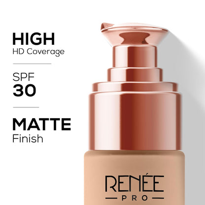RENEE Pro Hd Foundation Matte Finish Lotion For All Skin Types|Highly Blendable Formula With Spf30|Weightless & Long Lasting|Full Coverage Enriched With Aloe,Coffee,Chamomile & Vitamin E,30 Ml,1 Count