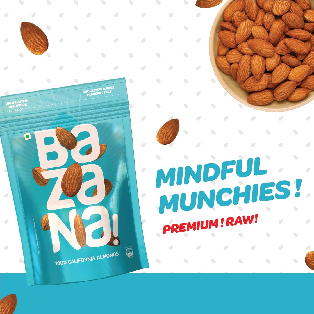 Bazana Premium Californian Almonds/Badam, 200g | Rich in Protein, Fiber & Vitamin E | Healthy Nuts & Dry Fruits Snack for Daily Nutrition