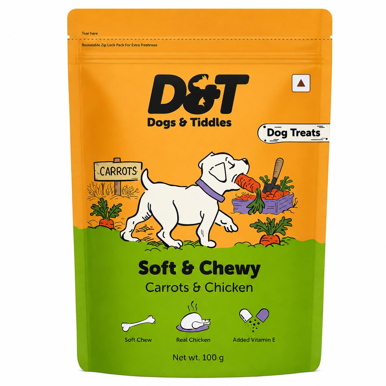 Dogs & Tiddles Carrot & Real Chicken Dog Treats for Puppies & Adult Dogs, 100g | Soft & Chewy Puppy Treats | Tasty Training Treats and Dog Snacks|Supports Digestion & Muscle Health