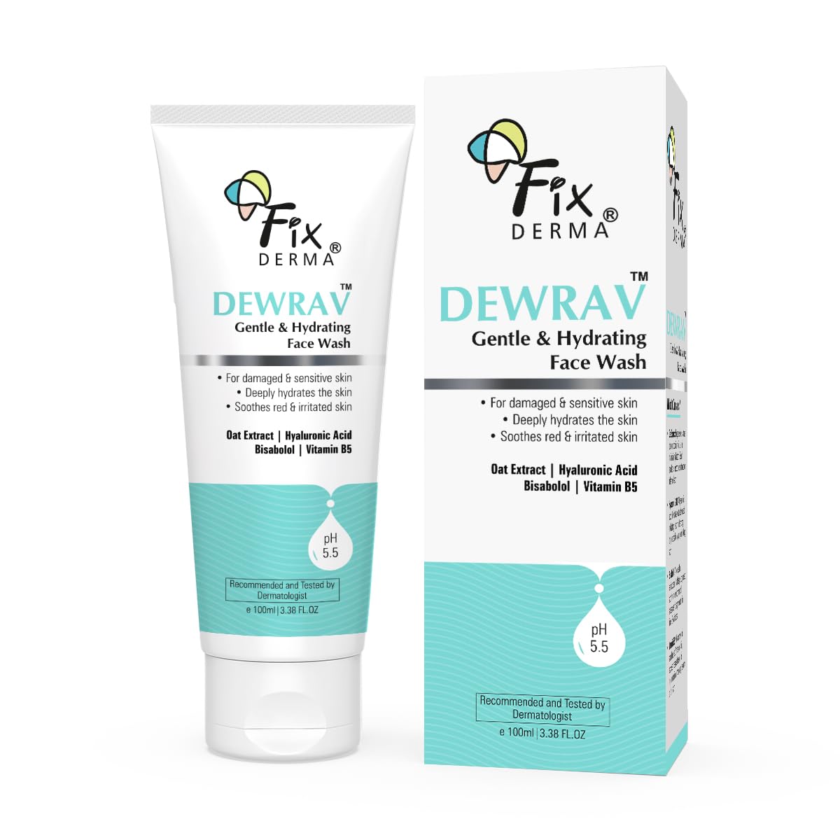 Fixderma Dewrav Gentle & Hydrating Face Wash with 6% Oats Extract, Hyaluronic Acid & Vitamin B5, Soothes Irritated Skin, Provides Hydration, Face Cleanser For Sensitive, Dry to Normal Skin,100Ml