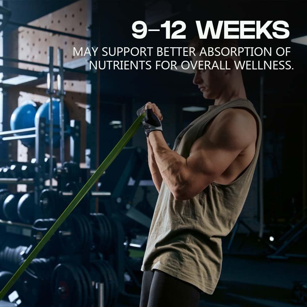 Man in a gym holding resistance bands with text about nutrient absorption for wellness.