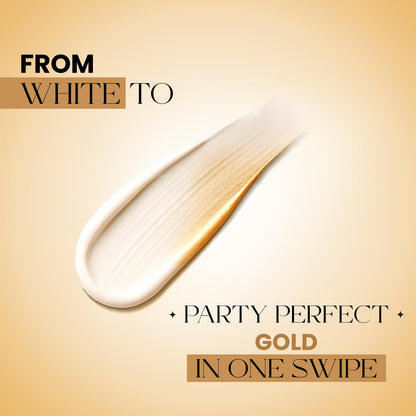 Product swatch of a white cream on a beige background with text 'From White to Party Perfect Gold in One Swipe'.