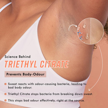 Illustration of a person's armpit with text explaining the science behind Triethyl Citrate for preventing body odor.
