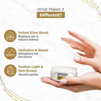 Hand holding a jar of streax product with features listed on a white background