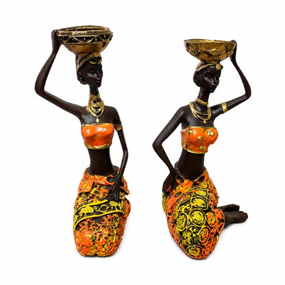 Vibrant Beautiful Finish Uniquely Hand Crafted Home Decor African Tribal Women Art Piece (Sitting African Lady Set of 2)