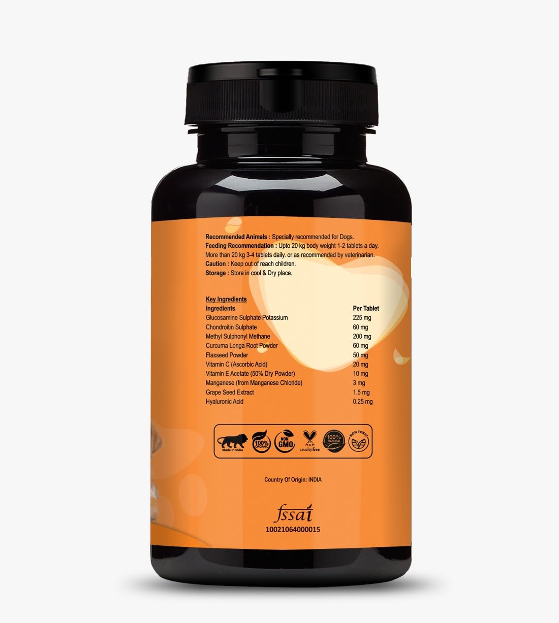 Supplement bottle with orange label on a white background