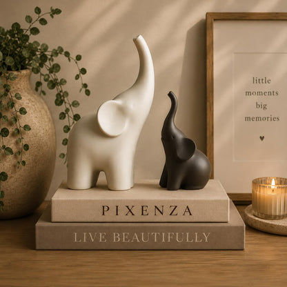 Elephant Showpiece Set for Home Decor, Matte Finish Elephant Decorative Figurines for Living Room, TV Table, Shelf Decor Lucky Elephant Statue for Housewarming Gift (Black & White,PLA Plastic)