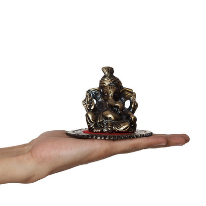 Pagdi Metal Lord Ganesha on Round Base (10.2 cm x 10.2 cm x 7.6 cm, Brown)