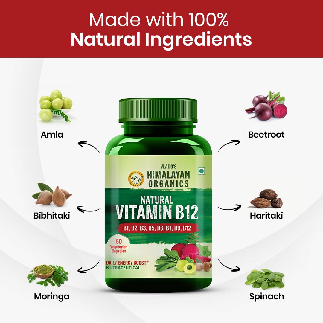 Vlado's Himalayan Organics Plant Based Vitamin B12 Supplement | B1,B2,B3,B5,B6,B7,B9,Moringa| Boost Energy Level | For Memory, Brain, Heart & Nervous System Support | B12 supplement for Men & Women - 120 Veg Capsules