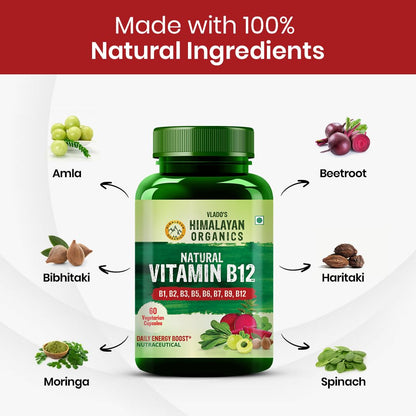 Vlado’s Himalayan Organics Plant-Based Vitamin B12 with B-Complex & Moringa | Energy, Nerve & Brain Support | 60 Veg Capsules