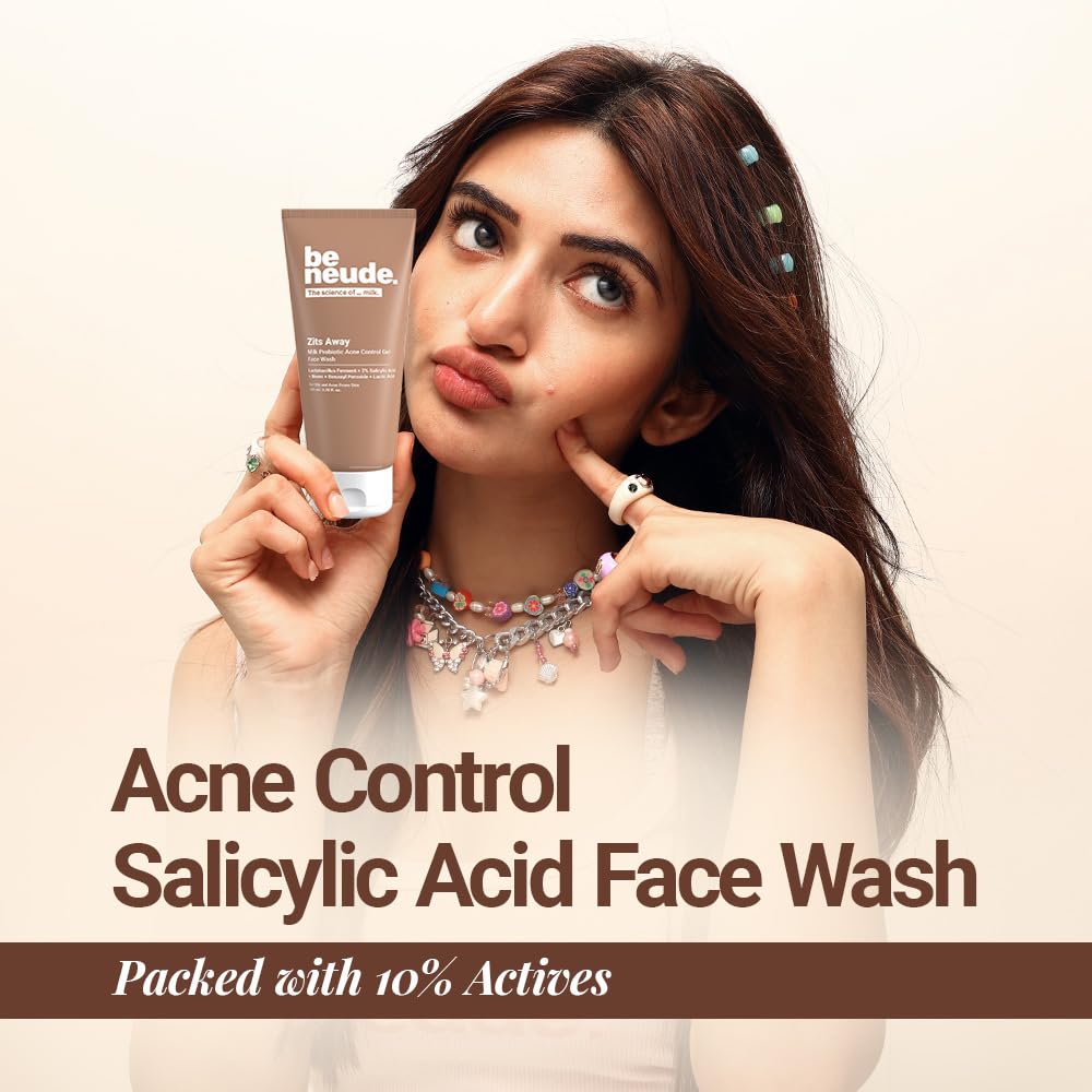 Be Neude Zits Away 100ml Daily Acne Control Face Wash with Milk Probiotics, 2% Salicylic Acid, Neem, Acne Face Wash for Men & Women (Pack of 1)