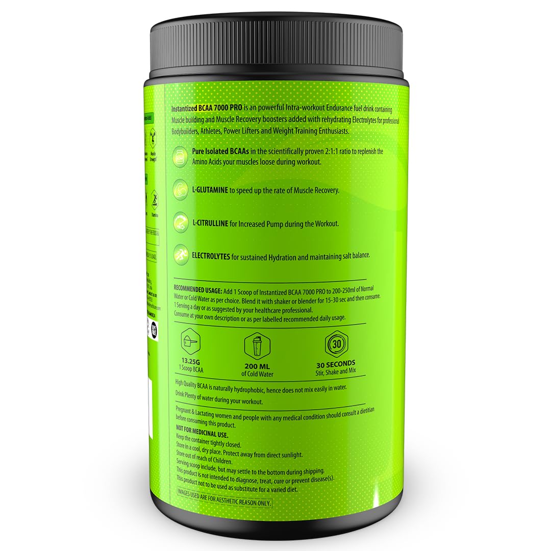 Green supplement container with black lid on a white background