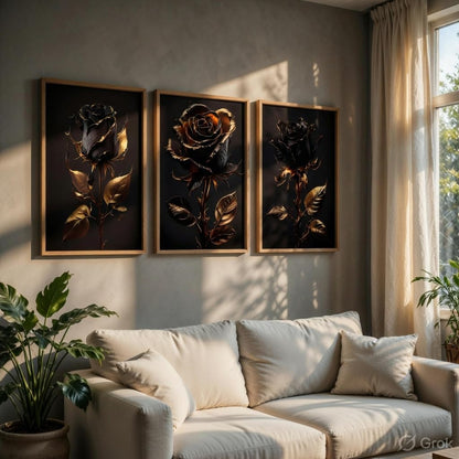 Black Gold Rose Wall Painting Set of 3 with Wooden Frames | Luxury Floral Artwork HD Sparkle Laminated MDF Wall Decor | Elegant Rose Wall Art for Living Room Bedroom Office