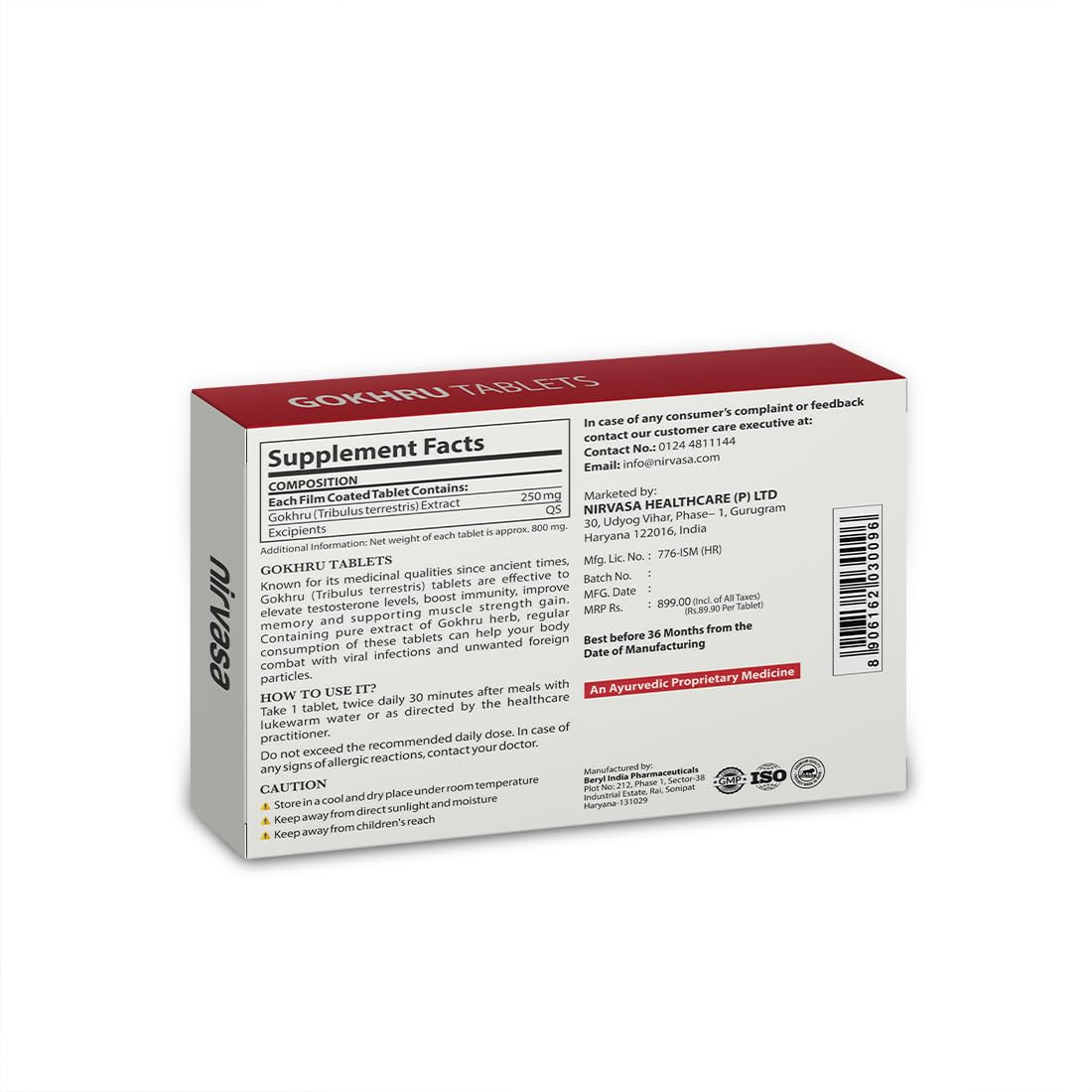 Nirvasa Gokhru Tablets for Men & Women (250mg, 10 Tab) | Natural Gokhru Extract (10:1) with Saponins & Tribulus Terrestris | Boosts Vitality, Rejuvenates Mind & Body, Enhances Vigour & Energy