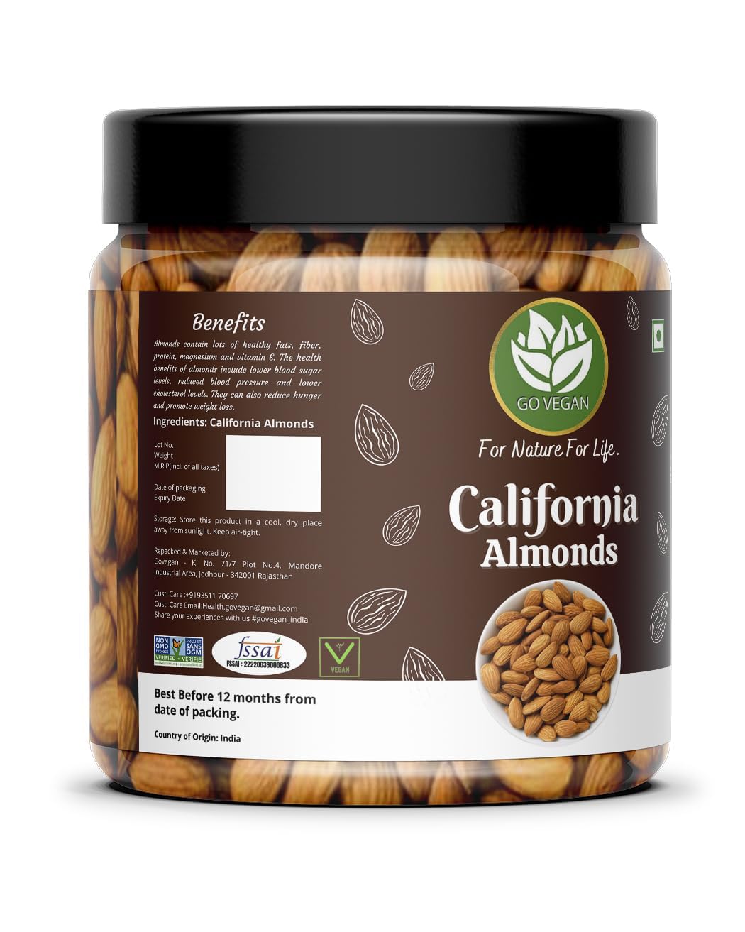 Go Vegan California Almonds | Premium Badam Giri | High in Fiber & Boost Immunity | Real Nuts | Whole Natural Badam