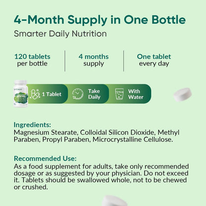 Nutritional supplement packaging with information on tablets, supply duration, and ingredients.