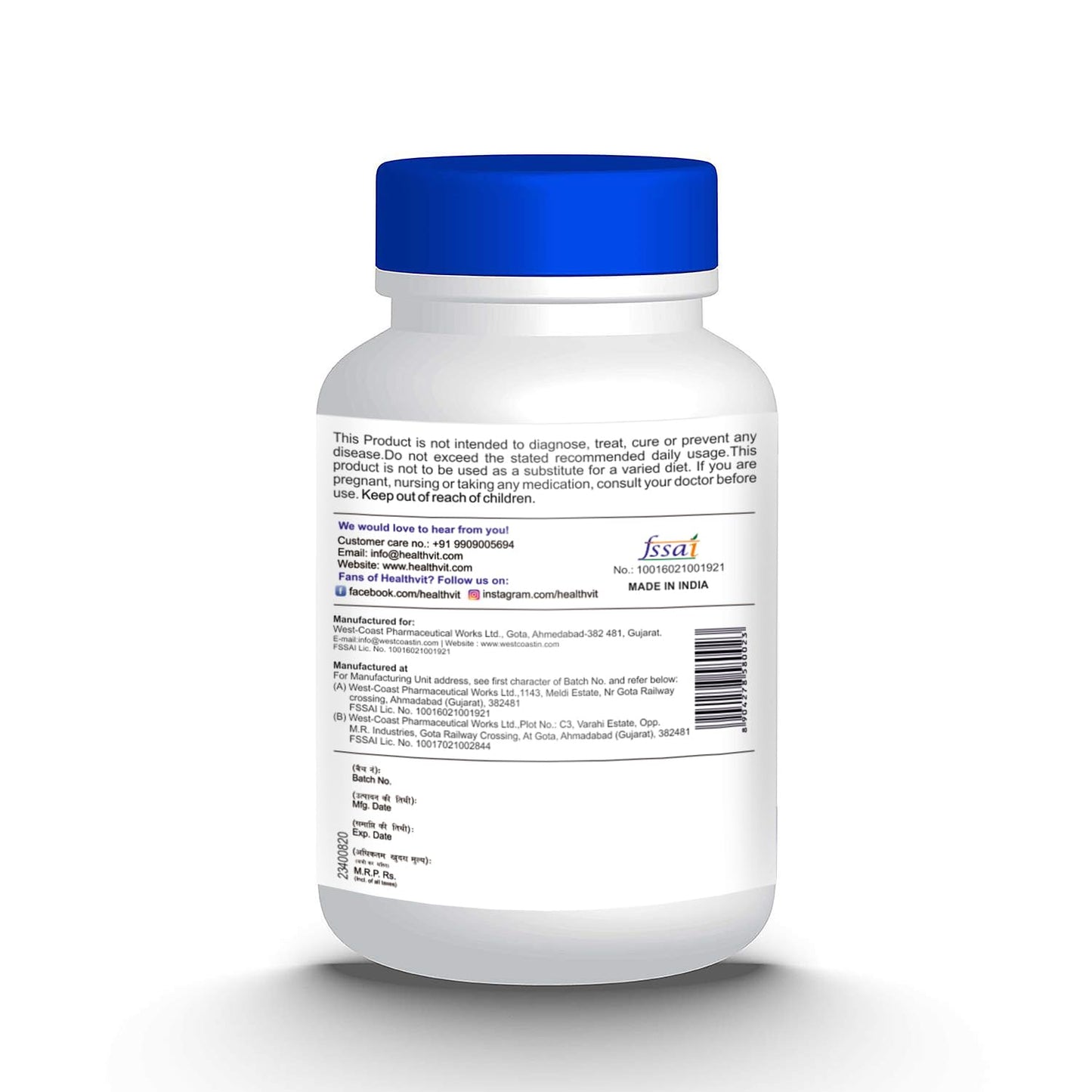 White supplement bottle with blue cap on a white background