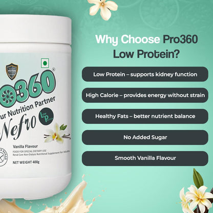 Pro360 Nefro LP Powder Vanilla Flavour – 400g Low Protein Nutrition Supplement for Kidney Health (Non-Dialysis) – Vanilla Protein Powder Enriched with L-Taurine, L-Carnitine & Essential Nutrients