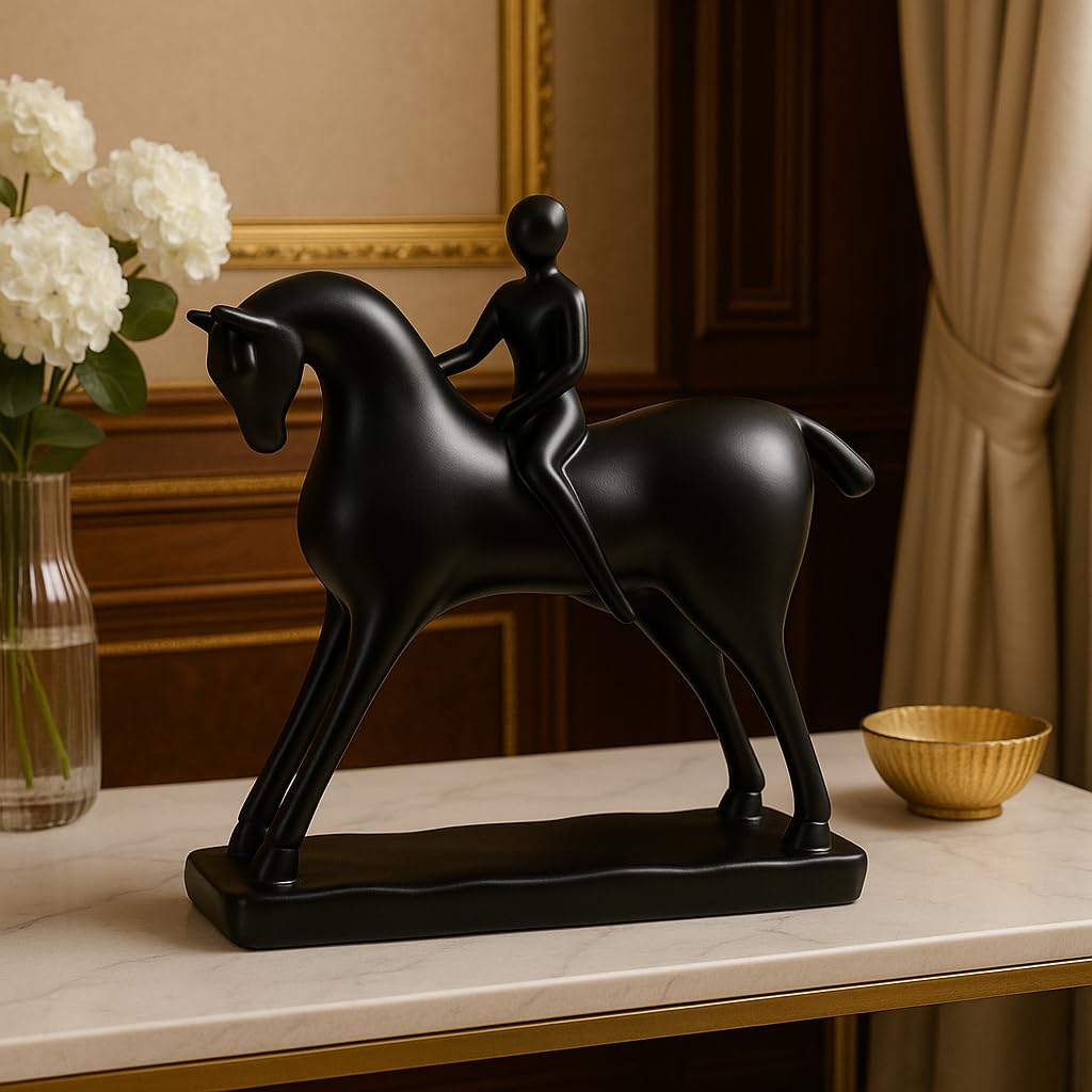 Elegant Resin Horse with Rider Décor, Black, Pack of 1