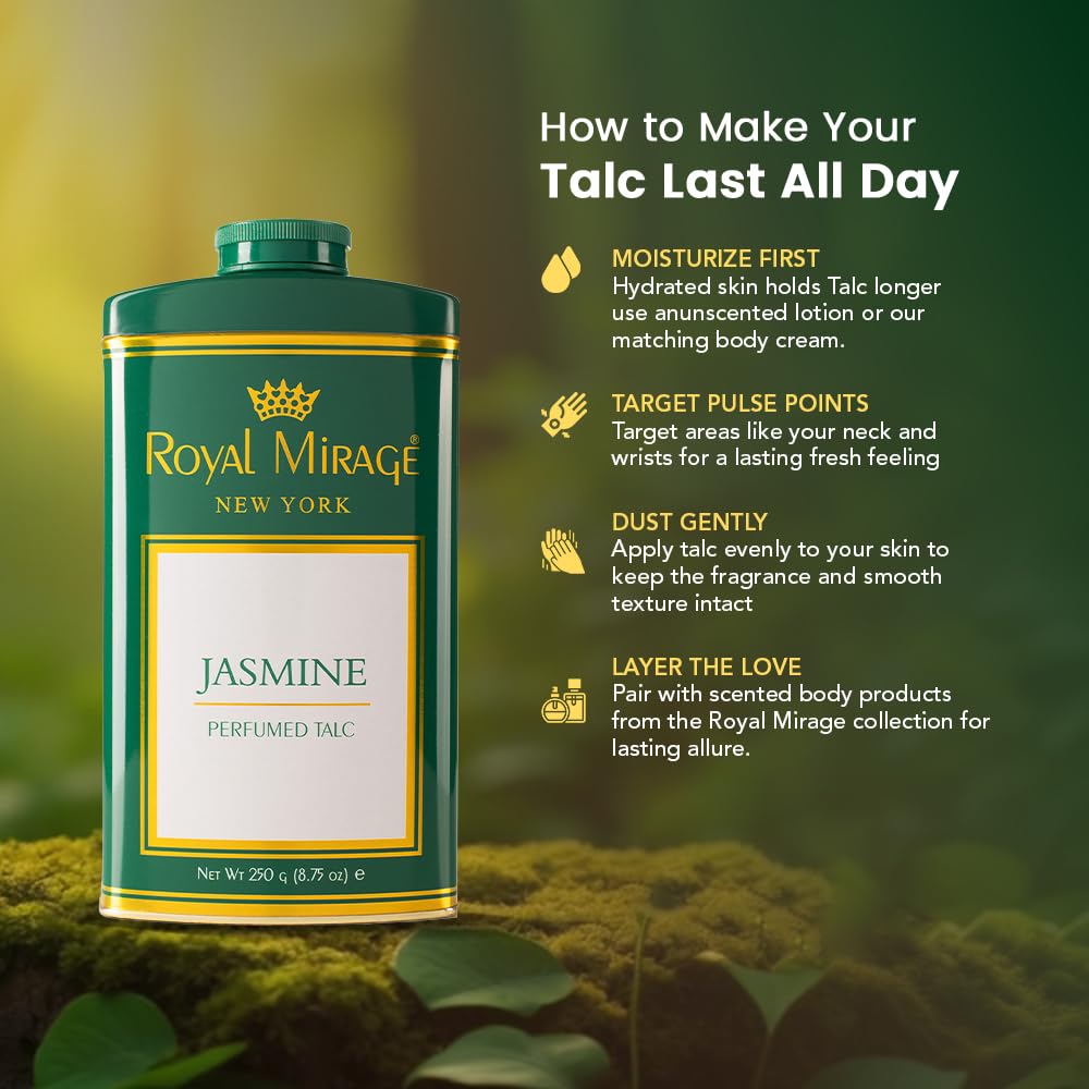 Royal Mirage Jasmine Deodorizing Talc for Women | Floral & Fresh Scent | Green Apple, Jasmine & Citrus Notes | Soft & Smooth Skin | Long-Lasting Fragrance | Talcum Powder for Women | 250gm