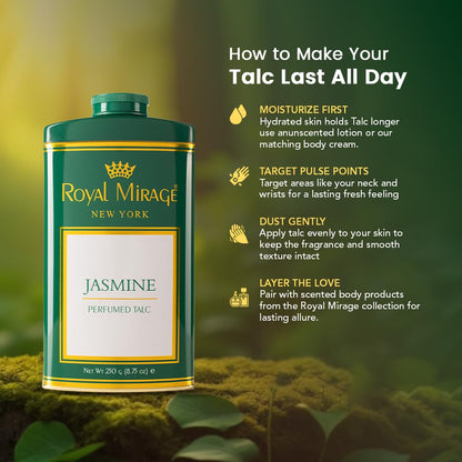 Royal Mirage Jasmine Deodorizing Talc for Women | Floral & Fresh Scent | Green Apple, Jasmine & Citrus Notes | Soft & Smooth Skin | Long-Lasting Fragrance | Talcum Powder for Women | 250gm