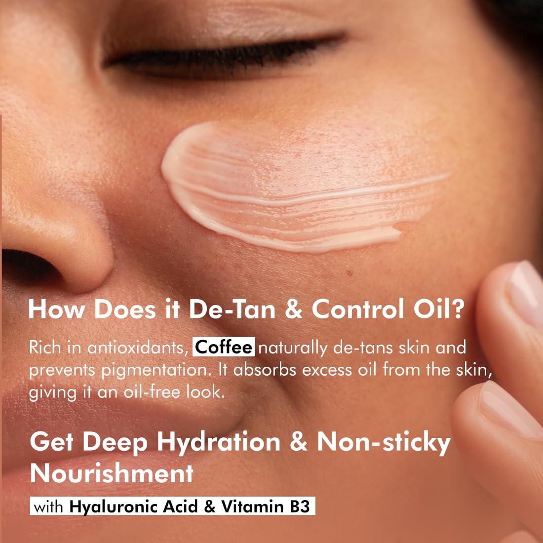 Close-up of a person's face with a product applied, text about de-tanning and oil control, and ingredients listed.