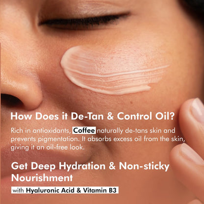 Close-up of a person's face with a product applied, text about de-tanning and oil control, and ingredients listed.