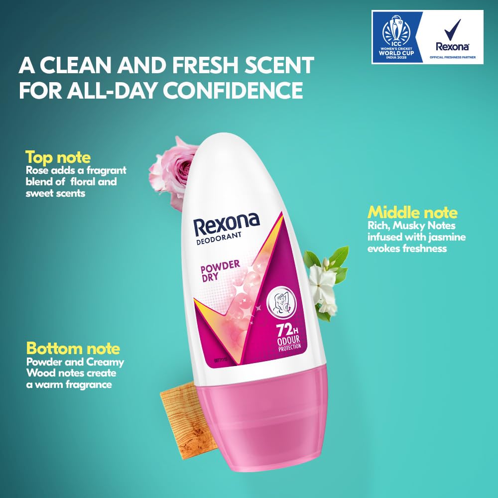 Rexona Powder Dry Underarm Roll On Deodorant For Women, Antiperspirant, Removes Odour, Keeps Skin Fresh & Clean, Alcohol Free, Skin Friendly, 50 ml