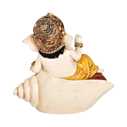 Lord Ganesh Idol 13 x 12 cm | Colourful Polyresin Statue of Ganesh Sitting on Shell | Handcrafted Decorative Figurine for Pooja Mandir, Home Temple, Showcase & Gifting