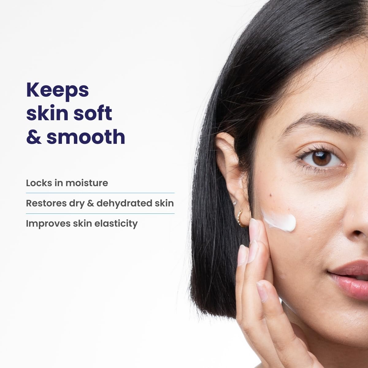 Woman applying cream to her face with text about skin care benefits on a white background