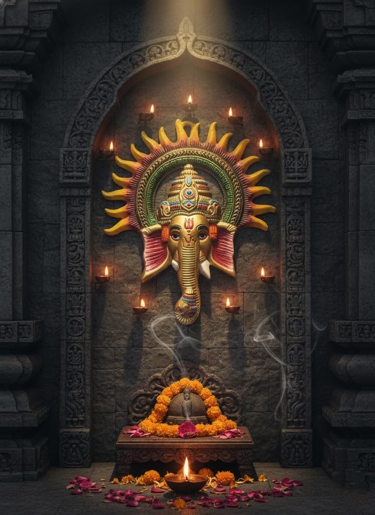 Traditional Handcrafted Ganesha Wall Decor, Metal Elephant God Sculpture with Sunburst Design, Gold and Multicolor, Religious Hindu Art
