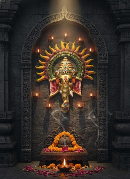 Traditional Handcrafted Ganesha Wall Decor, Metal Elephant God Sculpture with Sunburst Design, Gold and Multicolor, Religious Hindu Art