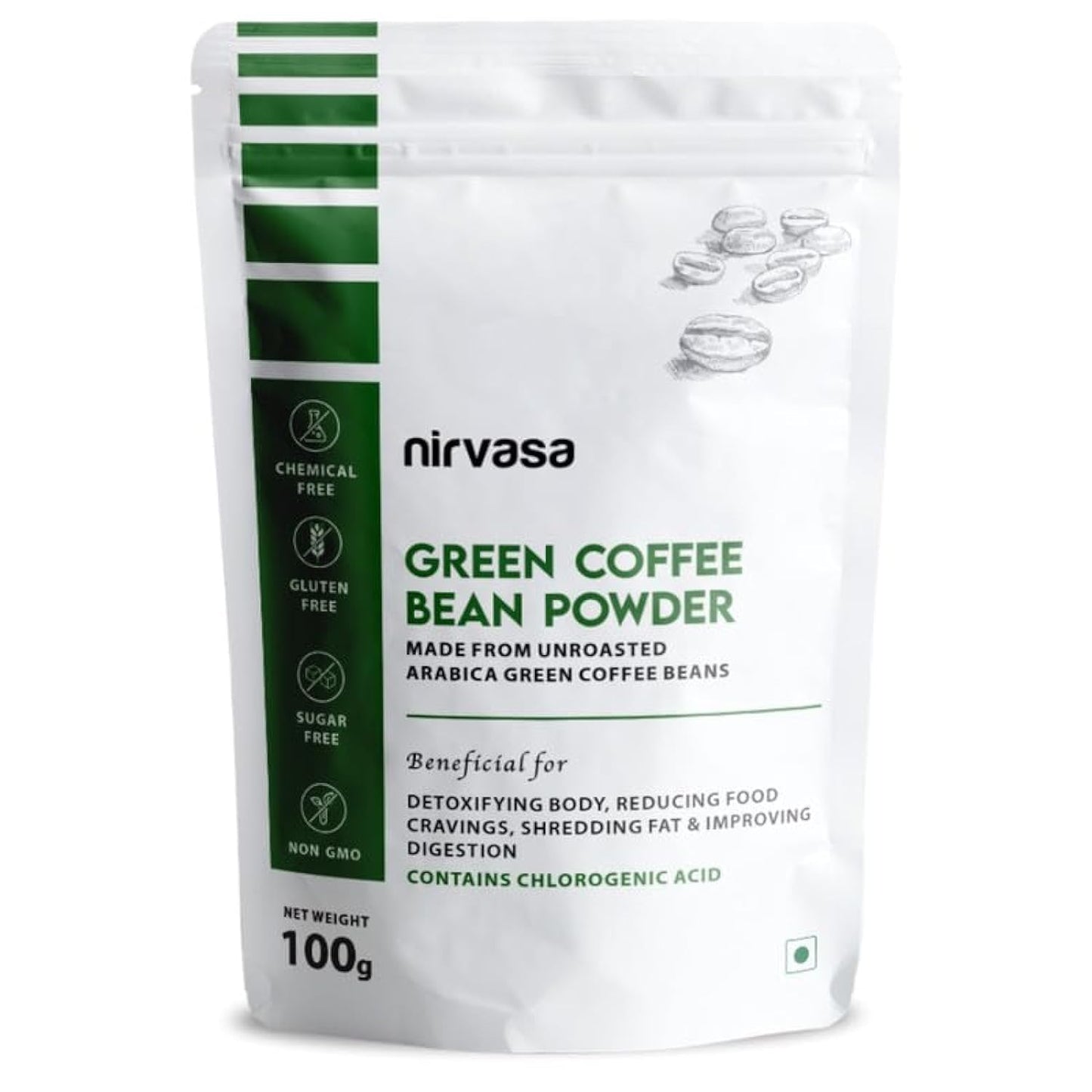 Nirvasa Pure Green Coffee Bean Powder for Weight Loss & Detox | Natural Fat Burner with Chlorogenic Acid | Boosts Metabolism, Energy & Fitness | Unroasted Arabica Extract Powder, 100g
