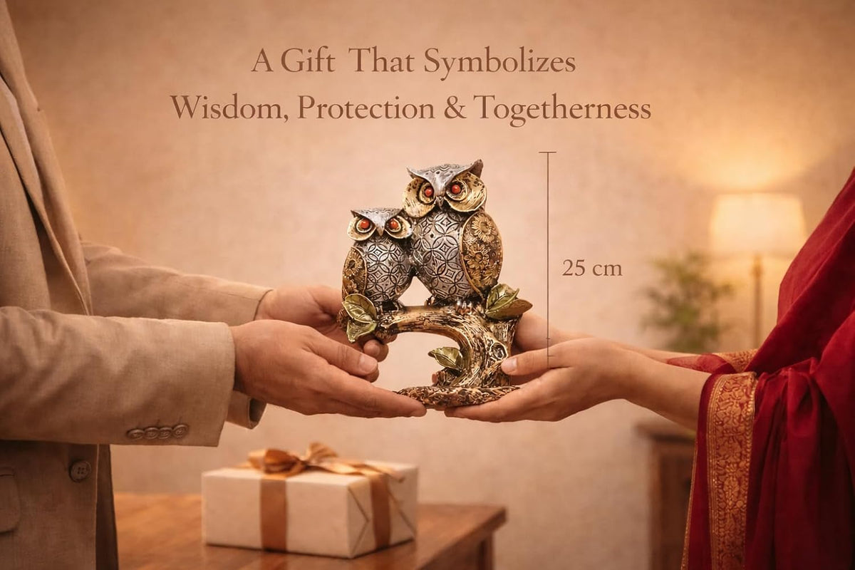 Resin Owl Pair Statue Sitting On Tree - Home Decor/Office Table Top Decoration/Living Room/Garden Showpiece/Gift Item - Pack Of 1 (Design 1), Multicolour